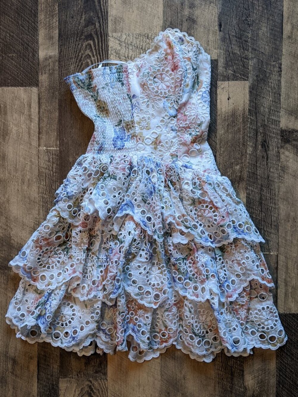 Zimmermann Bowie Ruffle Mini Dress Strapless Floral Linen Broderie Anglaise - Picture 5 of 9